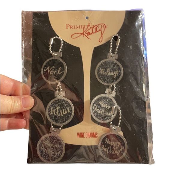 Wine Charms Set of 6 Xmas Bar Accessories Black Silver Primitives by Kathy NWT - Picture 3 of 14